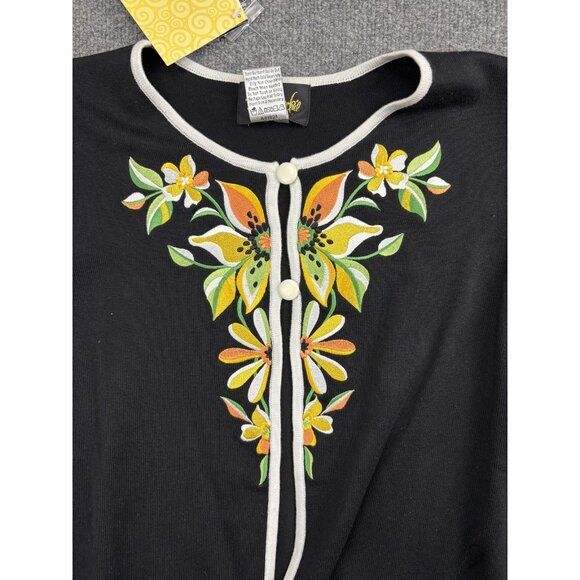 Bob Mackie Wearable Art Sweater Womens Large Black Embroidered Floral Cardigan - Picture 3 of 6